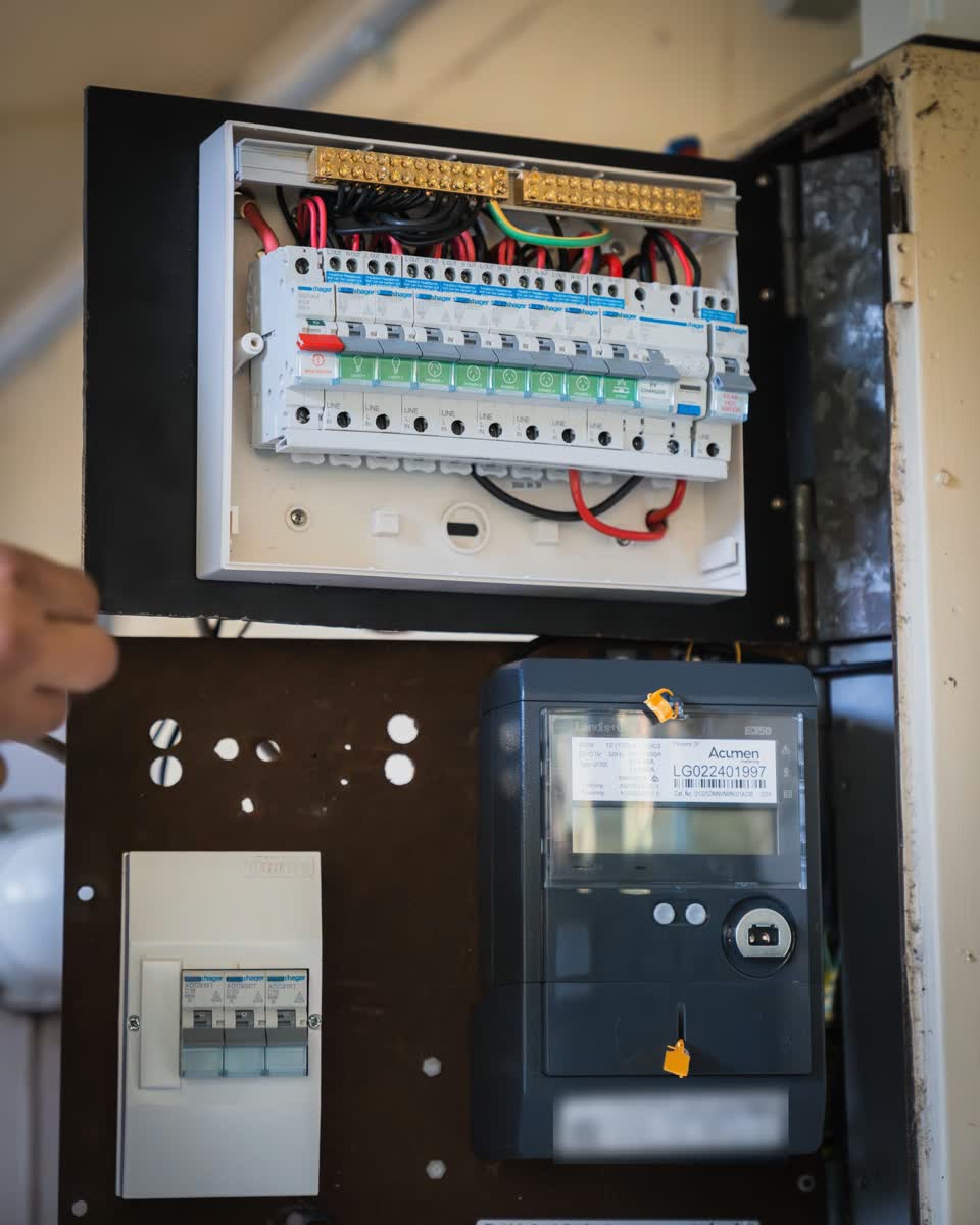 A newly wired switchboard with the cover open